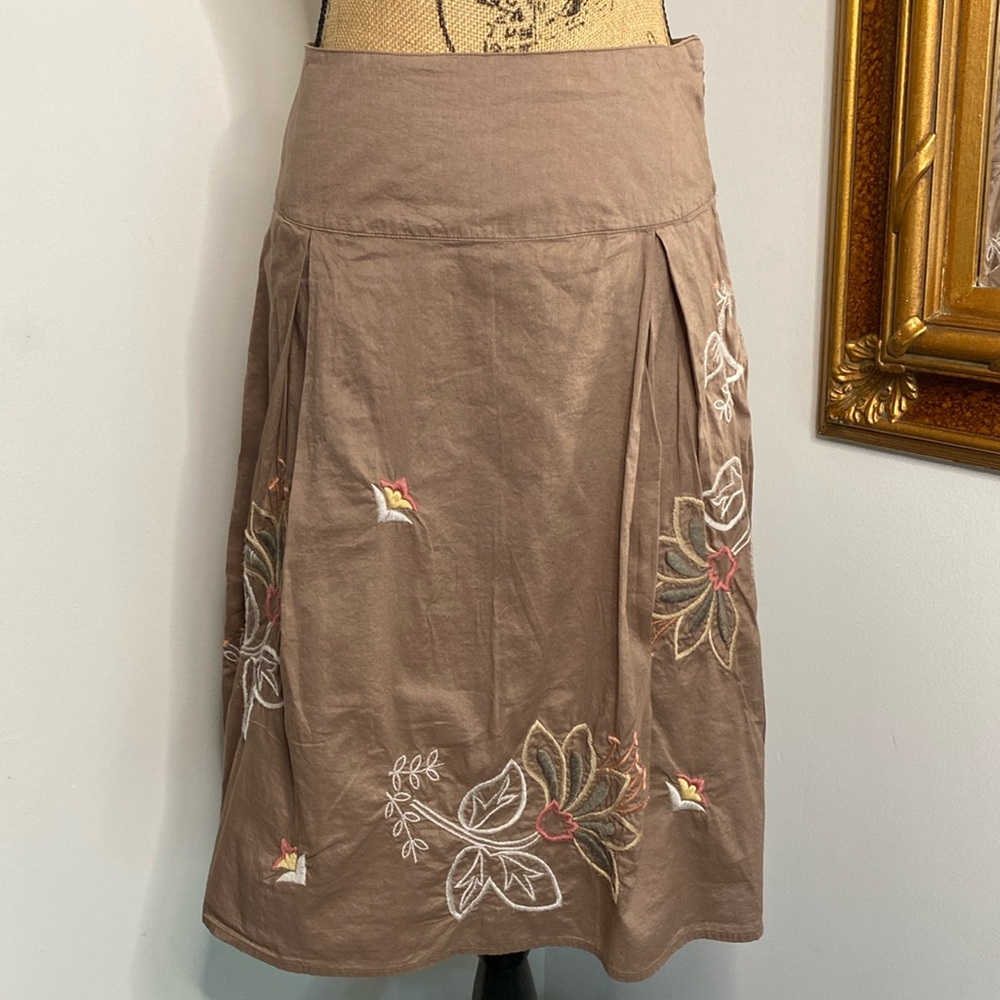 Merona Brown Women's Dress Skirt Cotton A-Line Embroidered Floral Lightweight 4